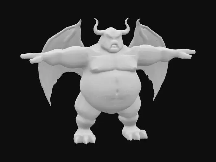 3D model for full body plump powerful red-skinned demon with small wings in a T-pose, yellow glowing eyes, dark red horns, high poly, highest detail, well lit, natural colors