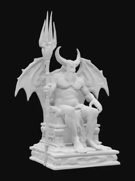 3D model for The red marble full body statue of a muscled Satan Demon sitting on a demonic throne, horns, evil, statue, 4K, Medieval, Fantasy, Game Assets, Highly Detailed, Ultra Realistic