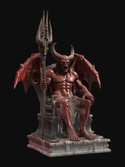 3D model for The red marble full body statue of a muscled Satan Demon sitting on a demonic throne, horns, evil, statue, 4K, Medieval, Fantasy, Game Assets, Highly Detailed, Ultra Realistic