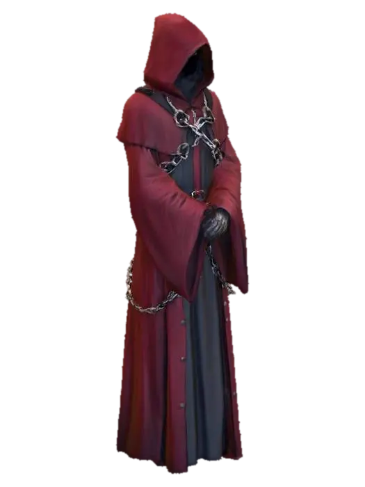 Evil Cultist in a hooded red robe with fetish straps, glowing red eyes, #PBR# 3D model, vytvořený pomocí AI