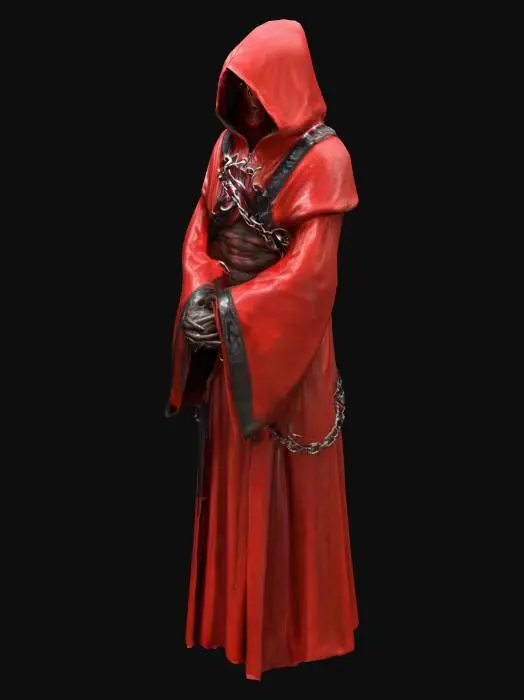 3D model for Evil Cultist in a hooded red robe with fetish straps, glowing red eyes, #PBR#