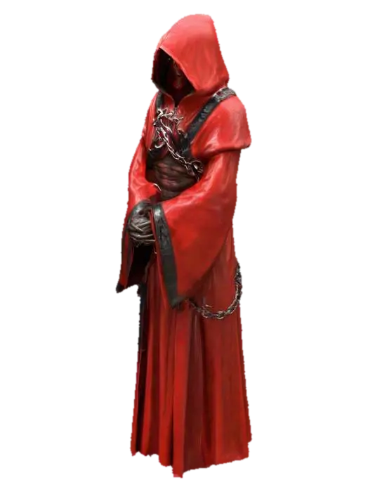 Evil Cultist in a hooded red robe with fetish straps, glowing red eyes, #PBR# 3D model, vytvořený pomocí AI