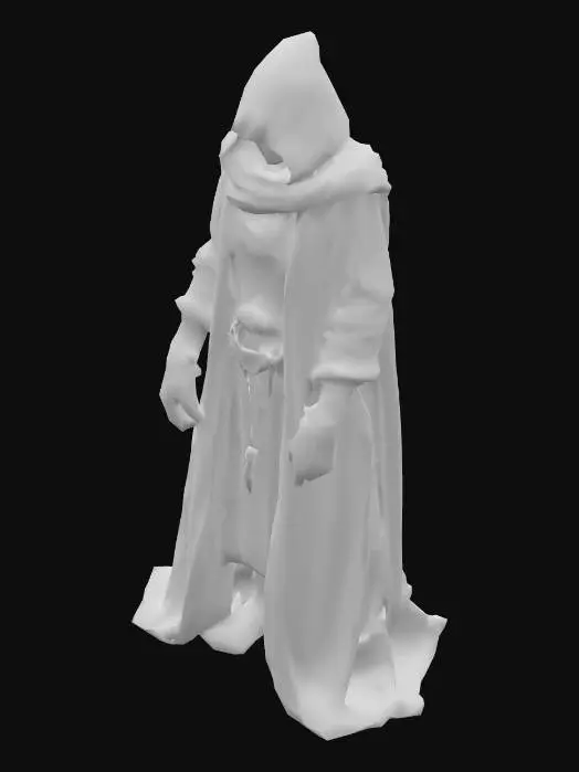 3D model for A mysterious hooded figure stands tall, enveloped in a flowing, dark crimson robe made of a heavy, smooth fabric. Its face is obscured by deep shadow, revealing only a pair of piercing, glowing red eyes. Over the robe, an intricate black leather harness with metallic rings and studs crisscrosses the chest. The figure's gloved hands are clasped at the front, adorned with silver chains that also drape from the lower robe, suggesting a textured, robust appearance.