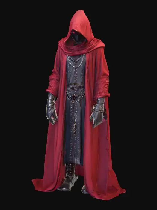 3D model for A mysterious hooded figure stands tall, enveloped in a flowing, dark crimson robe made of a heavy, smooth fabric. Its face is obscured by deep shadow, revealing only a pair of piercing, glowing red eyes. Over the robe, an intricate black leather harness with metallic rings and studs crisscrosses the chest. The figure's gloved hands are clasped at the front, adorned with silver chains that also drape from the lower robe, suggesting a textured, robust appearance.