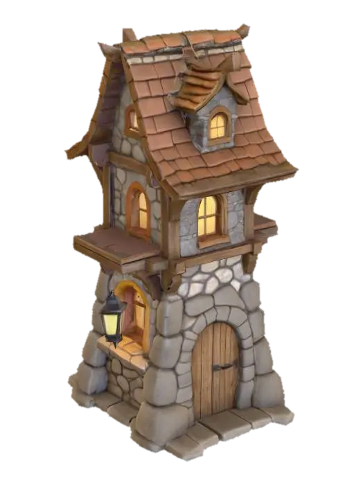 ultra-realistic 3D model of a tall, narrow medieval stone building with a wooden… - Warcraft 3D model, vytvořený pomocí AI