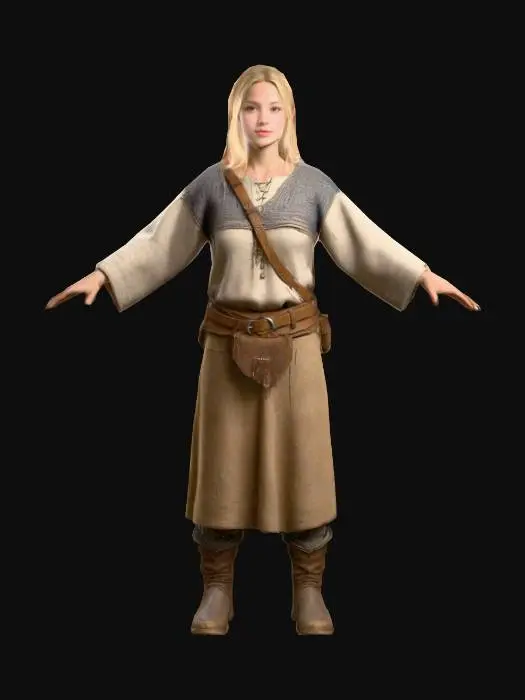 3D model for A highly detailed, realistic 3D-style human portrait of a medieval female peasant in a T-pose. The subject has young skin, smooth hands, blonde hair, and lifelike textures on wool clothing. Dirt-streaked tunic, rustic belt with a pouch. Realistic lighting with visible fabric grain and muddy boots. Full-body view, front-facing, symmetrical T-pose for character modeling. Studio background, soft shadows, ultra-high resolution.