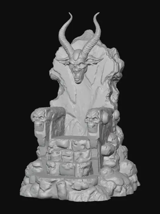 3D model for A menacing throne crafted from dark, craggy volcanic rock, intricately veined with glowing orange lava cracks. The high back features a large, snarling demonic face with fiery orange eyes and mouth, flanked by jagged, wing-like protrusions. The armrests are sculpted as skulls with glowing orange eyes, from which streams of molten lava pour down. The throne sits on a multi-tiered platform with steps, adorned with carved, glowing runes, all exhibiting a rough, porous, and incandescent texture.