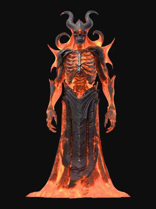 3D model for volcanic magma lich, molten obsidian skeleton, glowing lava veins, crackling ember sigils, sinister sneer, precision micro-textures, hyperrealistic, towering pose