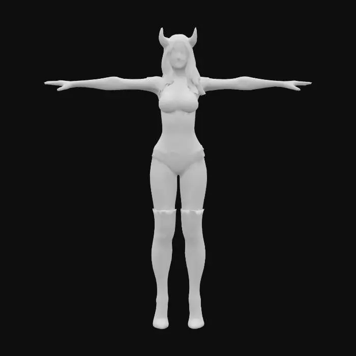 3D model for full body highly detailed 3D demoness character in a T-pose, 30 years old female, dark female hair, red horns, demoness is dressed in fantasy outfit with red leather corset, red high gloves and red latex stockings and high boots, stylized, smooth shading, clean topology, vibrant colors, optimized for animation, ultra detailed, high quality, T pose, Full Body