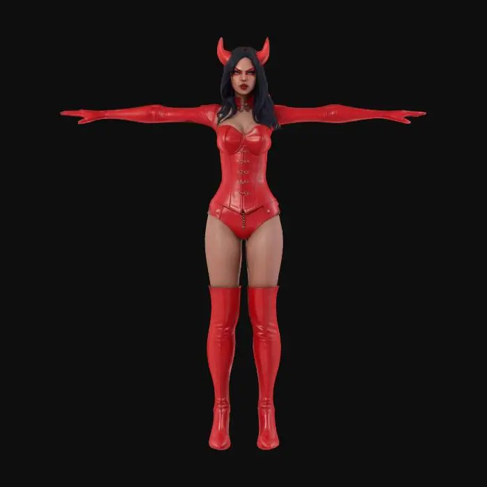 3D model for full body highly detailed 3D demoness character in a T-pose, 30 years old female, dark female hair, red horns, demoness is dressed in fantasy outfit with red leather corset, red high gloves and red latex stockings and high boots, stylized, smooth shading, clean topology, vibrant colors, optimized for animation, ultra detailed, high quality, T pose, Full Body