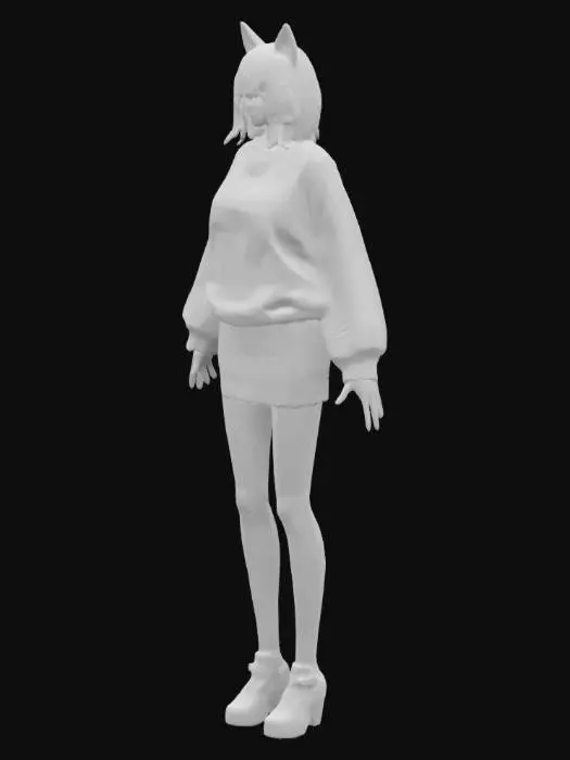 3D model for A woman with a wolf cut, black hair with gray highlights in her hair. Wearing a oversized sweater, a skirt, and black thigh high socks that go over the knee. The woman has clear pale skin, and black eyes. Wearing black platform shoes. thin long legs. Ultra Realistic, HD, Highly Detailed, A-pose, Full Body