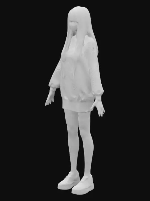 3D model for A woman with a long, black hair with long bangs and gray highlights in her hair. Wearing a oversized sweater, a skirt, and black thigh high socks that go over the knee. The woman has clear pale skin, and black eyes. Wearing black platform shoes. Big female only features, thin long legs. Ultra Realistic, HD, Highly Detailed, A-pose, Full Body