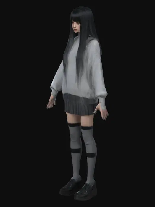 3D model for A woman with a long, black hair with long bangs and gray highlights in her hair. Wearing a oversized sweater, a skirt, and black thigh high socks that go over the knee. The woman has clear pale skin, and black eyes. Wearing black platform shoes. Big female only features, thin long legs. Ultra Realistic, HD, Highly Detailed, A-pose, Full Body