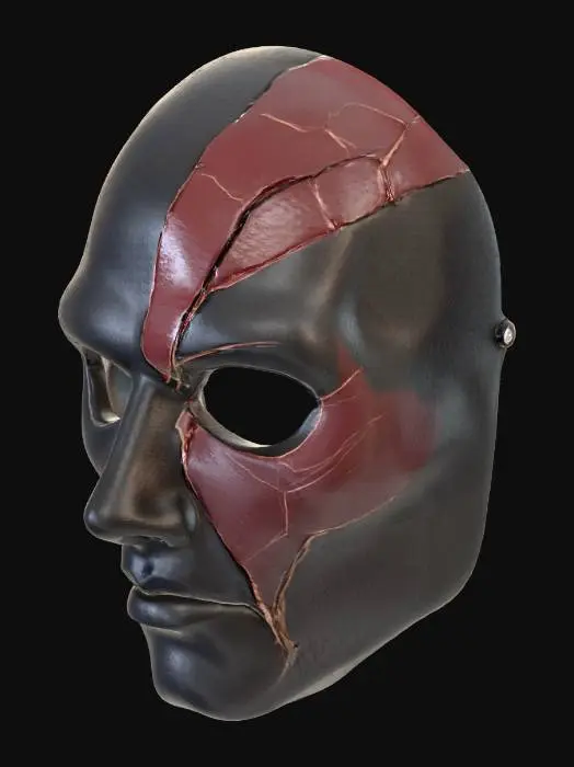 3D model for A plain, sinister mask that covers only the front of the face, broken but mended with red metal