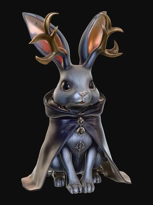 3D model for A figurine of a sitting cute occult rabbit with antlers, wearing a worn cape. fine gothic details