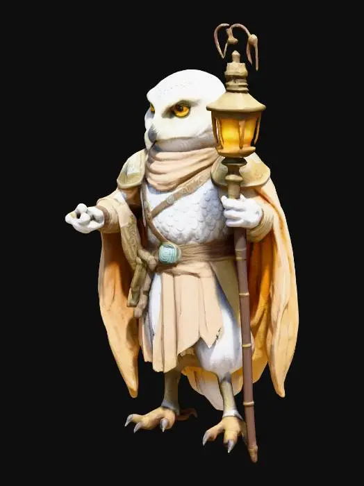 3D model for a short white owl birdfolk wearing an open robe and light armor. He carries a staff with a ornate lantern attached to the end. He looks friendly.