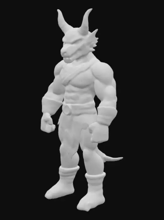 3D model for Una figura de acción musculosa con un cuerpo predominantemente rojo y brillante, que simula una piel tensa sobre músculos voluminosos. La cabeza es similar a la de un dragón o demonio, de color rojo más pálido, con dos cuernos puntiagudos amarillos y ojos amarillos grandes. Viste un taparrabos verde sobre una banda de cintura gris oscuro. Las muñecas tienen bandas grises y los pies, que parecen botas, son de un tono gris azulado. La textura es lisa y el material parece plástico brillante.
