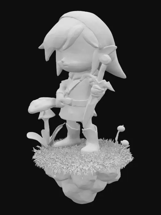 3D model for Stylized 3D chibi character inspired by Link from Zelda, with orange hair, green cap, green tunic, brown boots and gloves. Standing on a small floating grassy platform with plants, a red mushroom, and a sword with a blue hilt and gem. Soft, toy-like shapes and bright, cheerful colors. Background is a teal gradient with floating petals or butterflies for a whimsical touch.