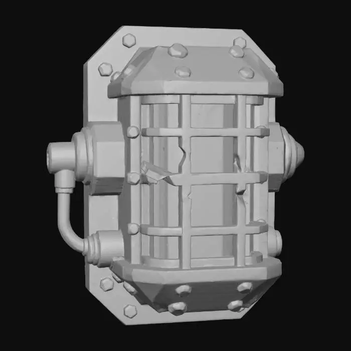 3D model for a wall lamp as one would find in a bunker, with iron bars protecting the glass. warhammer miniature style