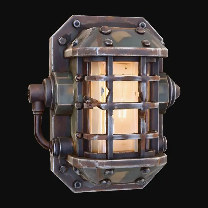 3D model for a wall lamp as one would find in a bunker, with iron bars protecting the glass. warhammer miniature style