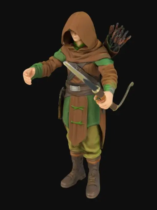 3D model for persona bassa che si guarda intorno con un cappuccio e una tunica marrone e verde per mimetizzarsi con una sciabola e un pugnale in mano 
infoderati dietro la schiena un arco e una faretra, le braccia aperte
per aggiungere l'opzione rig