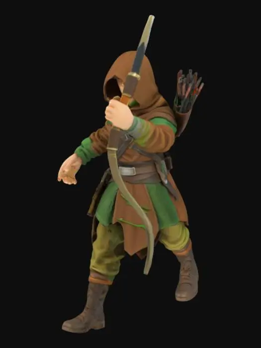3D model for persona bassa che si guarda intorno con un cappuccio e una tunica marrone e verde per mimetizzarsi con una sciabola e un pugnale in mano 
infoderati dietro la schiena un arco e una faretra, le braccia aperte
per aggiungere l'opzione rig