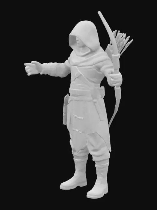 3D model for persona bassa che si guarda intorno con un cappuccio e una tunica marrone e verde per mimetizzarsi con una sciabola e un pugnale in mano 
infoderati dietro la schiena un arco e una faretra, le braccia aperte
per aggiungere l'opzione rig