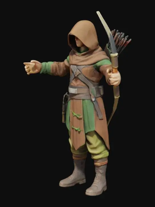 3D model for persona bassa che si guarda intorno con un cappuccio e una tunica marrone e verde per mimetizzarsi con una sciabola e un pugnale in mano 
infoderati dietro la schiena un arco e una faretra, le braccia aperte
per aggiungere l'opzione rig