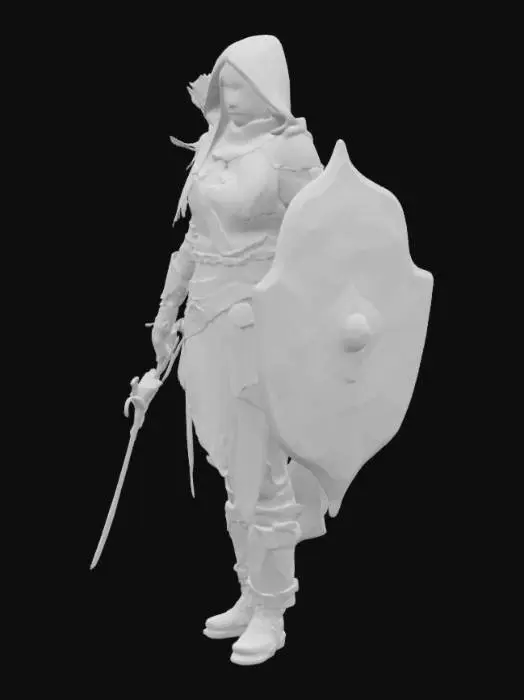 3D model for una ragazza dai capelli lunghi scuri inccappuciata con una tunica scura  una scimitarra nella mano destra e nella sinistra uno scudo e braccia larghe nella schiena una faretra e un arco 
