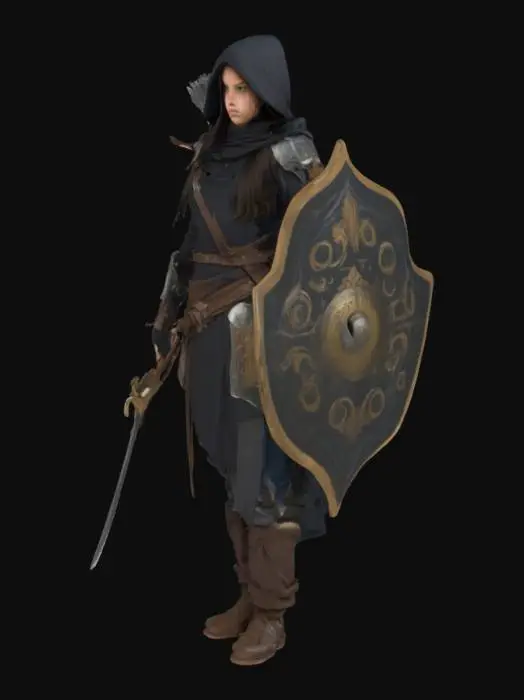 3D model for una ragazza dai capelli lunghi scuri inccappuciata con una tunica scura  una scimitarra nella mano destra e nella sinistra uno scudo e braccia larghe nella schiena una faretra e un arco 
