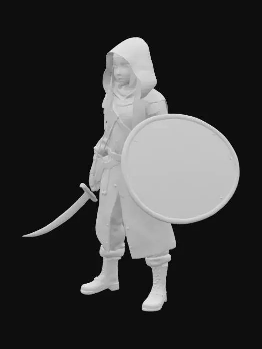 3D model for una ragazza dai capelli lunghi scuri incappucciata con una tunica scura  una scimitarra nella mano destra e nella sinistra uno scudo con il braccio e braccia larghe nella schiena una faretra e un arco 
