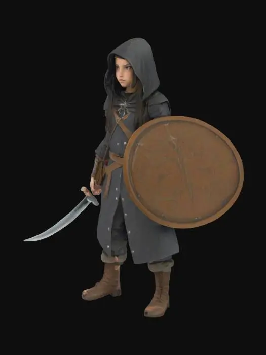 3D model for una ragazza dai capelli lunghi scuri incappucciata con una tunica scura  una scimitarra nella mano destra e nella sinistra uno scudo con il braccio e braccia larghe nella schiena una faretra e un arco 
