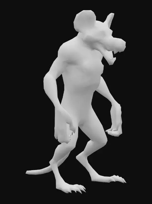 3D model for a vivid and fearsome rat-man, half humanoid and half rat with humanoid arms and legs and a rats head. Visceral, terrifying, snarling. work of art, masterpiece.