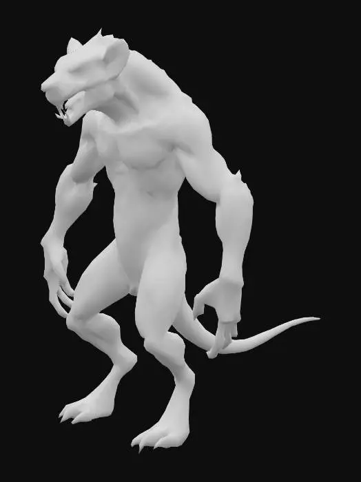 3D model for a vivid and fearsome rat-man, half humanoid and half rat with humanoid arms and legs and a rats head. Visceral, terrifying, snarling. work of art, masterpiece. T-posed.