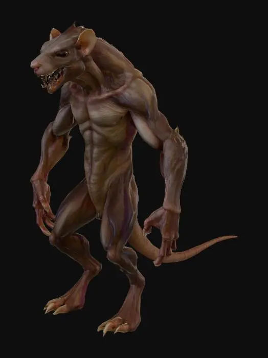 3D model for a vivid and fearsome rat-man, half humanoid and half rat with humanoid arms and legs and a rats head. Visceral, terrifying, snarling. work of art, masterpiece. T-posed.
