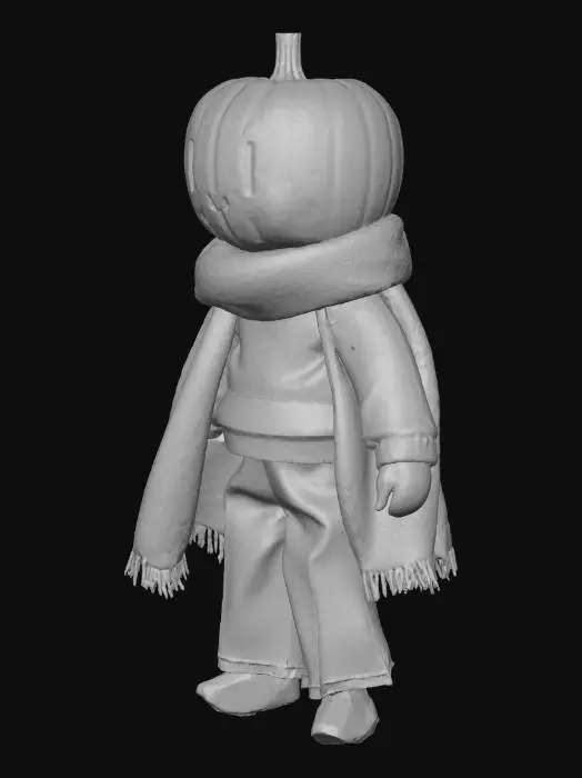 3D model for 一个木质的人偶男孩，穿着毛衣和阔腿长裤，围着围巾，头变成了南瓜的样子，并带一些万圣节的氛围