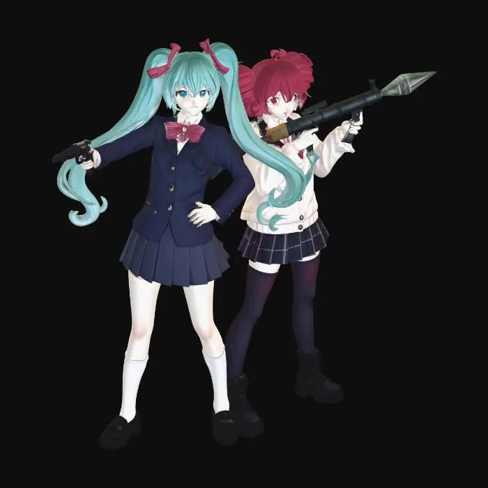 3D model for Miku & Teto armed

 (original image from https://www.youtube.com/@Thoelian channel banner)
