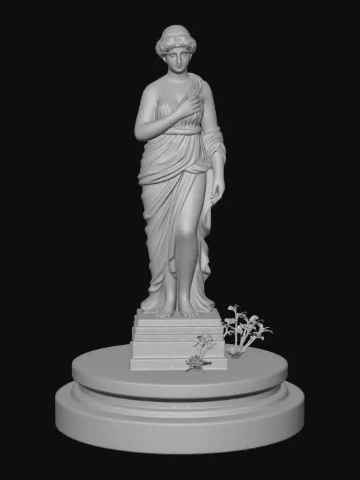 3D model for Miniature diorama base with a classical mythological female statue, ancient Greek style, contrapposto pose, one arm missing, weathered marble surface, subtle erosion on face, cracked circular pedestal, moss growing in cracks, small plants around base, peaceful silent atmosphere, no violence, no dramatic destruction, clean topology, detailed but optimized mesh