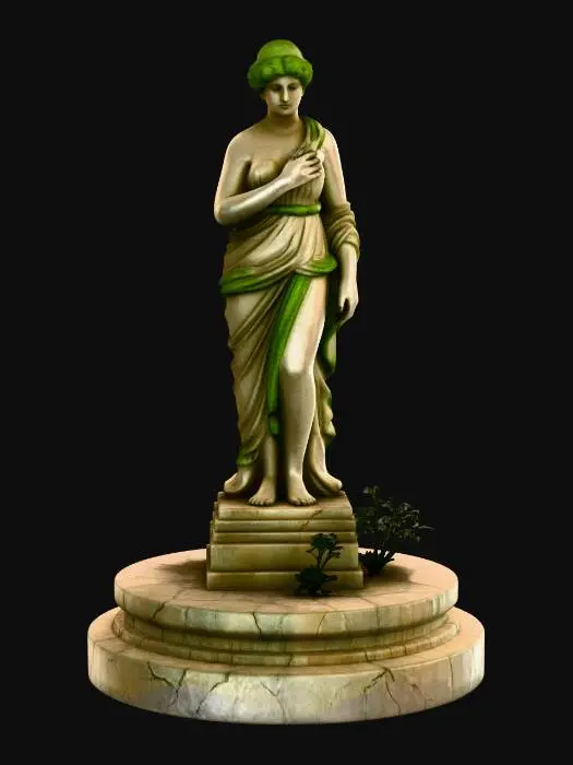 3D model for Miniature diorama base with a classical mythological female statue, ancient Greek style, contrapposto pose, one arm missing, weathered marble surface, subtle erosion on face, cracked circular pedestal, moss growing in cracks, small plants around base, peaceful silent atmosphere, no violence, no dramatic destruction, clean topology, detailed but optimized mesh