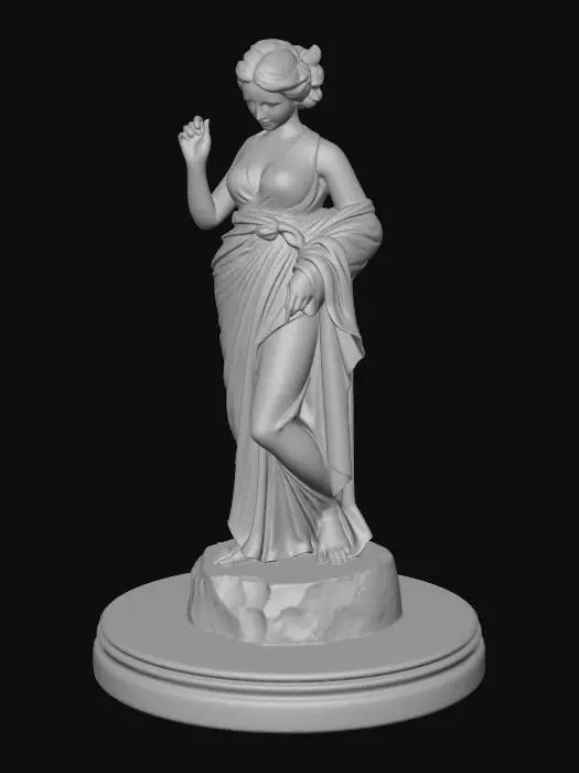 3D model for Bunu genişlet: Miniature diorama base with a classical mythological female statue, ancient Greek style, contrapposto pose, one arm missing, weathered marble surface, subtle erosion on face, cracked circular pedestal, moss growing in cracks, small plants around base, peaceful silent atmosphere, no violence, no dramatic destruction, clean topology, detailed but optimized mesh