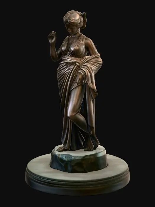 3D model for Bunu genişlet: Miniature diorama base with a classical mythological female statue, ancient Greek style, contrapposto pose, one arm missing, weathered marble surface, subtle erosion on face, cracked circular pedestal, moss growing in cracks, small plants around base, peaceful silent atmosphere, no violence, no dramatic destruction, clean topology, detailed but optimized mesh