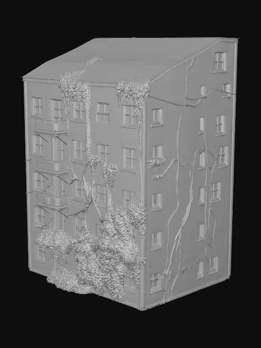 3D model for A mid-rise abandoned apartment building exterior, post-apocalyptic style.
Simple, clean geometry with repeating window openings and flat concrete surfaces.
No detailed interior rooms, only dark interior depth visible through windows.

Windows appear empty and dark, with subtle interior shadow, grime, and broken glass edges.
Some windows completely black, some partially reflective with dirty glass.
No visible furniture inside.

Concrete facade heavily weathered with cracks, stains, water marks, and chipped edges.
Overgrown vines and small plants creeping up the walls and around window frames.
Balconies are simple concrete slabs, some damaged or partially collapsed.

Overall look: realistic, grounded, atmospheric.
Designed for game environments and scene building.
Medium detail level, optimi