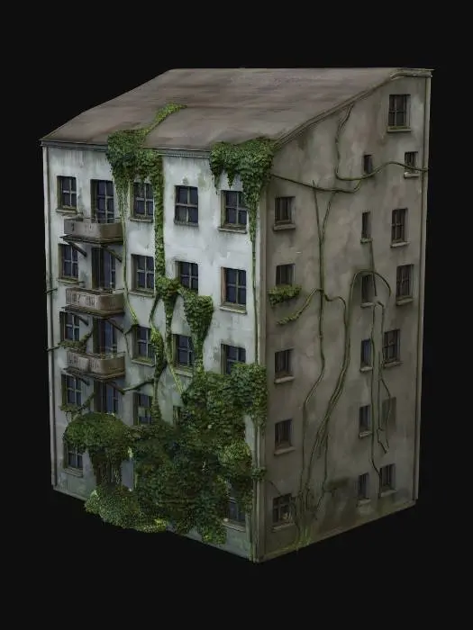 3D model for A mid-rise abandoned apartment building exterior, post-apocalyptic style.
Simple, clean geometry with repeating window openings and flat concrete surfaces.
No detailed interior rooms, only dark interior depth visible through windows.

Windows appear empty and dark, with subtle interior shadow, grime, and broken glass edges.
Some windows completely black, some partially reflective with dirty glass.
No visible furniture inside.

Concrete facade heavily weathered with cracks, stains, water marks, and chipped edges.
Overgrown vines and small plants creeping up the walls and around window frames.
Balconies are simple concrete slabs, some damaged or partially collapsed.

Overall look: realistic, grounded, atmospheric.
Designed for game environments and scene building.
Medium detail level, optimi