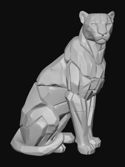 3D model for majestic sitting panther sculpture made from intentionally carved stone masses, layered architectural rock forms stacked with sculptural balance, sleek feline anatomy preserved through large chiseled stone planes, elegant elongated body posture, sophisticated modern brutalist sculpture, subtle asymmetrical stone segmentation, controlled geometric carving instead of low-poly style, handcrafted monumental appearance, sharp yet refined edges, dark basalt and weathered granite texture, deep shadow gaps between stone sections, premium collectible art object, minimalist gallery presentation, highly artistic silhouette, grounded and stable structure, realistic stone weight and surface imperfections, cinematic studio lighting, neutral background, ultra detailed sculptural design