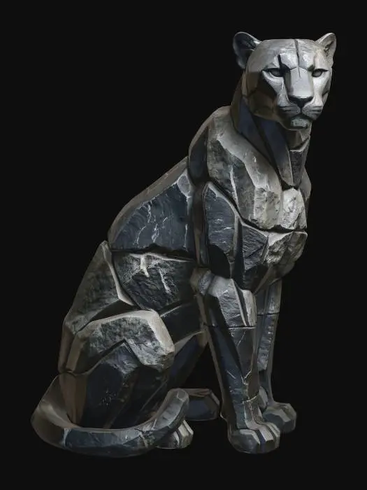 3D model for majestic sitting panther sculpture made from intentionally carved stone masses, layered architectural rock forms stacked with sculptural balance, sleek feline anatomy preserved through large chiseled stone planes, elegant elongated body posture, sophisticated modern brutalist sculpture, subtle asymmetrical stone segmentation, controlled geometric carving instead of low-poly style, handcrafted monumental appearance, sharp yet refined edges, dark basalt and weathered granite texture, deep shadow gaps between stone sections, premium collectible art object, minimalist gallery presentation, highly artistic silhouette, grounded and stable structure, realistic stone weight and surface imperfections, cinematic studio lighting, neutral background, ultra detailed sculptural design