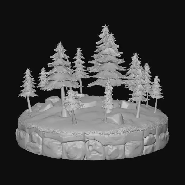 3D model for A small stylized 3D forest diorama, circular ground base, pine trees of different heights, mossy rocks, soft grass, slightly elevated terrain, miniature scale, highly detailed but clean topology, game-ready asset, soft natural lighting, realistic textures, PBR materials, high resolution, isolated on white background