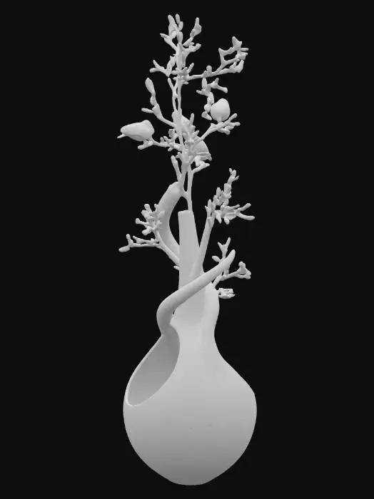 3D model for A buetifull winding vase with a cilindrical middle. It should have birds and trees in it. The vase sloud be useable and 3d printable without supports. It should have trees and birds winding around the vase. It should also be organic. The top of the ase should be the tallest part of the build. Make is a work of art. Something that can stand alone, but also with flowers in it. Do not put flowers in the vase. Leave the middle section hollow