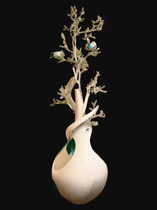 3D model for A buetifull winding vase with a cilindrical middle. It should have birds and trees in it. The vase sloud be useable and 3d printable without supports. It should have trees and birds winding around the vase. It should also be organic. The top of the ase should be the tallest part of the build. Make is a work of art. Something that can stand alone, but also with flowers in it. Do not put flowers in the vase. Leave the middle section hollow