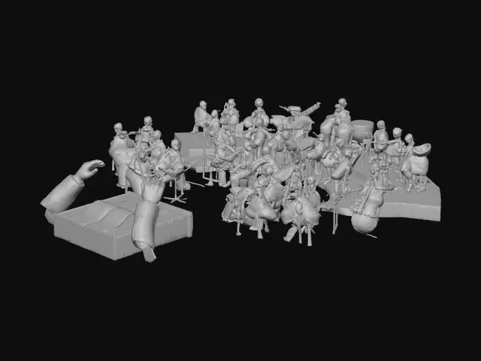 3D model for a point of view of a symphony conductor in front of the orchestra, A long shot panoramic point of view shot of a symphony orchestra front. Suggestion: For better 3D results, ensure all musicians are clearly visible without significant overlap.

2:1 size