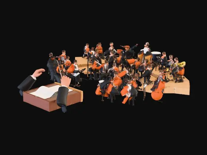 3D model for a point of view of a symphony conductor in front of the orchestra, A long shot panoramic point of view shot of a symphony orchestra front. Suggestion: For better 3D results, ensure all musicians are clearly visible without significant overlap.

2:1 size